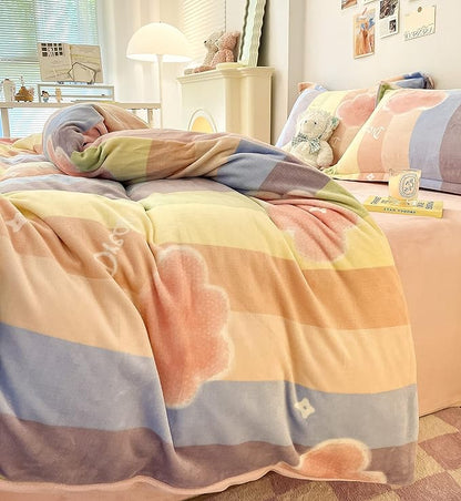 MorroMorn Twin Bedding Sets, Pink Rainbow Stripe Duvet Cover Set, Fluffy Comforter Covers Plush Blanket Ultra Soft Kawaii Cute for Girls Kids Toddler Teen Women Twin/Twin XL Size