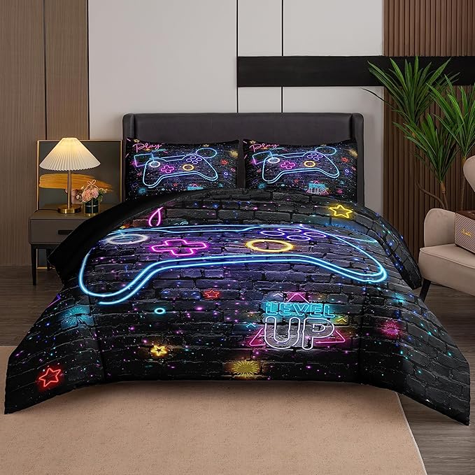 Full Size Comforter Set for Boys, Gamer Bedding Set, 3 Pieces, Gamepad 06, Polyester, All Seasons, Machine Wash