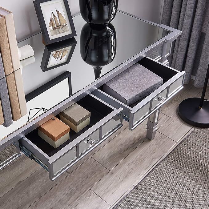 SEI Furniture Glenview Glam Mirrored Writing Desk w/ Drawers, Matte Silver