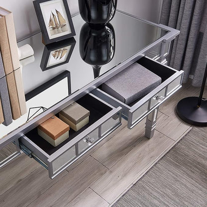 SEI Furniture Glenview Glam Mirrored Writing Desk w/ Drawers, Matte Silver