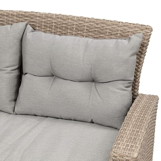 Set, 4 Piece Outdoor Wicker Rattan Sectional Sofa with Glass Table, Ottoman and Soft Cushions, Front Porch Apartment Patio Furniture for Backyard Lawn Garden, Onesize, E-Gray-e