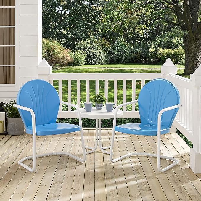 Crosley Furniture KO10004BL Griffith 3-Piece Retro Metal Outdoor Seating Set with Table and 2 Chairs, Sky Blue