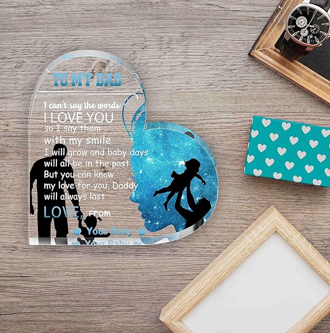 Birthday Gifts for Dad Father, Blue Heart Shaped Acrylic Desk Decor for Home Office Gifts for Dad from Daughter