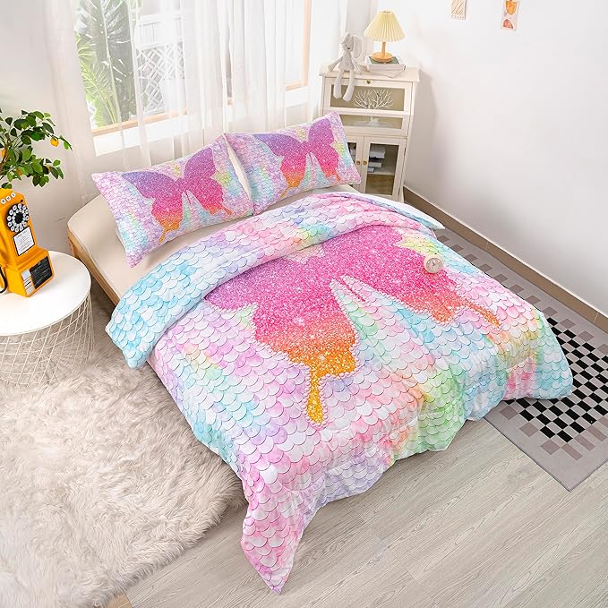 CVHOUSE Butterfly Bedding Set,Butterfly Comforter King,Butterfly Comforter Set for Girls Kids Teens,Butterflies Quilt Set with 1 Comforter and 2 Pillow Cases- 3 Piece
