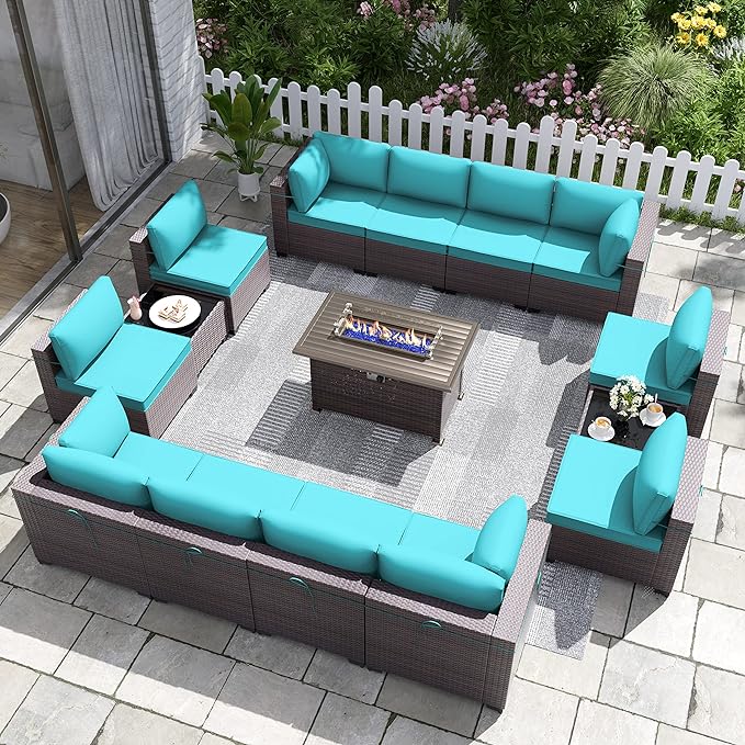 Patio Furniture Set with Fire Pit Table 15 PCS Outdoor Sectional Furniture Outdoor Rattan Patio Conversation Sets with 43in 55,000 BTU Propane Gas Fire Pit Table Glass Table, Blue