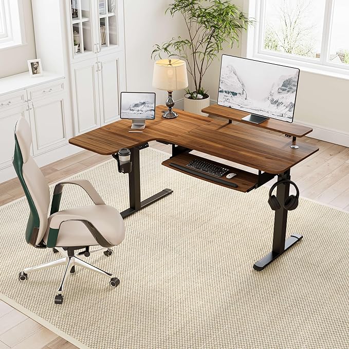 EUREKA ERGONOMIC Standing Desk Electric Adjustable Height (61"x43") Computer Desk with Keyboard Tray, Sit Stand Desk L Shaped Desk for Work/Home Office,Dual Motor,Memory Presets,2 USB/RGB,Walnut/Left