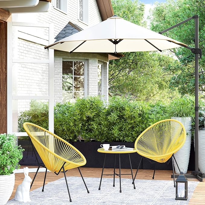 SONGMICS 3-Piece Outdoor Seating Acapulco Chair, Modern Patio Furniture Set, Glass Top Table and 2 Chairs, Indoor and Outdoor Conversation Bistro Set, Yellow UGGF011Y01