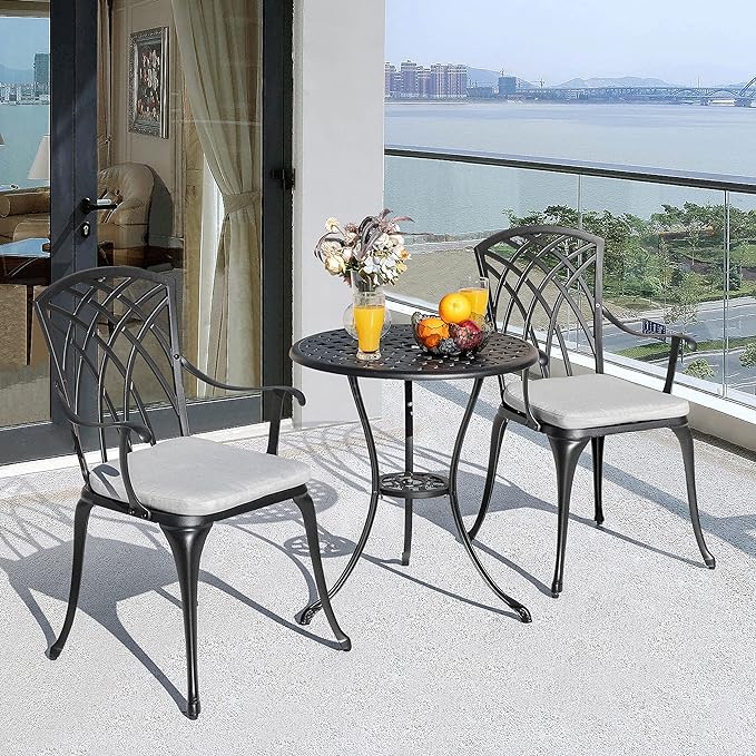 NUU GARDEN Bistro Set 3 Piece Outdoor All Weather Cast Aluminum Patio Bistro Set Patio Table and Chairs Set of 2 with Umbrella Hole and Grey Cushions for Backyard, Balcony, Lawn, Black