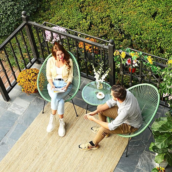SONGMICS 3-Piece Outdoor Seating Acapulco Chair, Modern Patio Furniture Set, Glass Top Table and 2 Chairs, Indoor and Outdoor Conversation Bistro Set, Light Green UGGF011C01