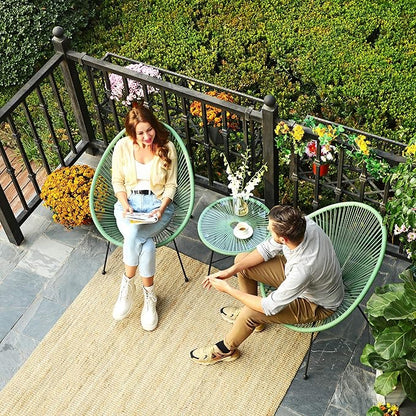 SONGMICS 3-Piece Outdoor Seating Acapulco Chair, Modern Patio Furniture Set, Glass Top Table and 2 Chairs, Indoor and Outdoor Conversation Bistro Set, Light Green UGGF011C01