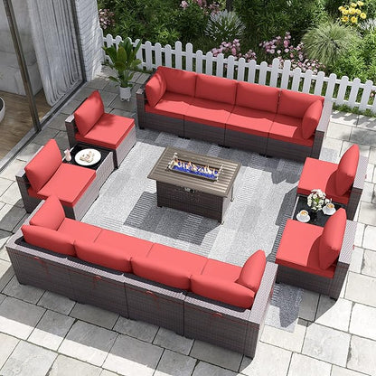 Patio Furniture Set with Fire Pit Table 15 PCS Outdoor Sectional Furniture Outdoor Rattan Patio Conversation Sets with 43in 55,000 BTU Propane Gas Fire Pit Table Glass Table, Red