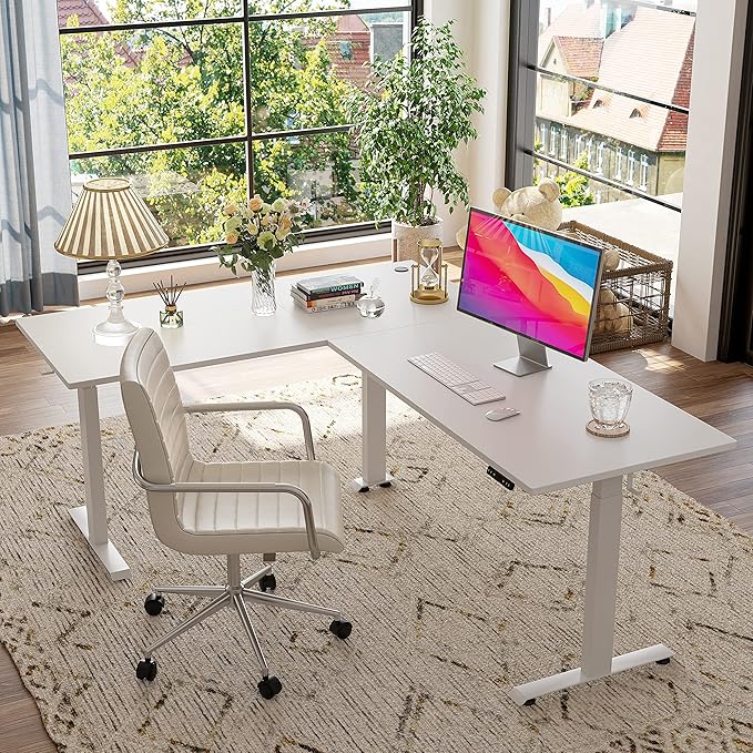 FEZIBO 75 Inches, Supports over 300mlbs,L Shaped Standing Desk Reversible, Electric Height Adjustable Corner Stand up Desk, Sit Stand Desk Computer Workstation, White Frame/White Top