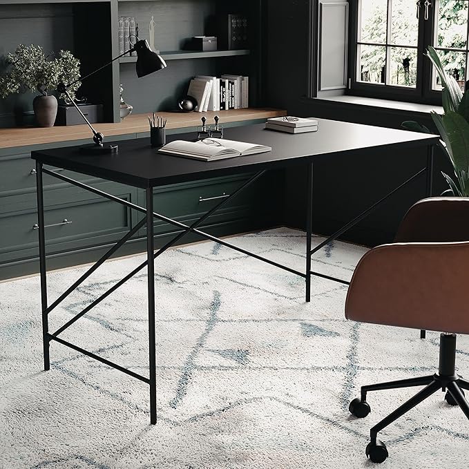 Martha Stewart Maddox Home Office Parsons Desk in Black Wood Grain with Oil Rubbed Bronze Metal X-Frame