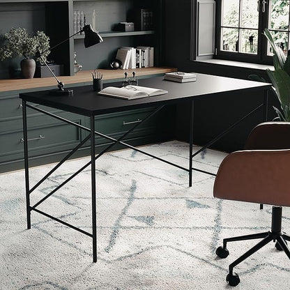 Martha Stewart Maddox Home Office Parsons Desk in Black Wood Grain with Oil Rubbed Bronze Metal X-Frame