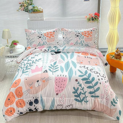 CVHOUSE Cat Bedding,Cartoon Cat Comforter King,Animals Print Comforter Set for Kids,Kawaii Quilt Set with 1 Comforter and 2 Pillow Cases