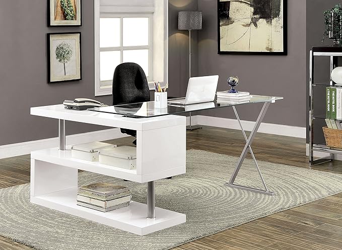 Furniture of America Lilliana Swivel Glass Top S-Shaped Writing Desk for Home Office, Studying Room, White