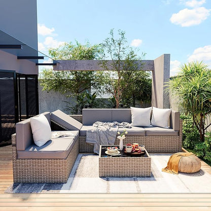 Pamapic Patio Furniture Set, 7 Pieces Modular Outdoor Sectional,Wicker Patio Sectional Sofa Conversation Set, Rattan Sofa with Coffee Table and Washable Cushions Covers, Grey Rattan(Grey Cushions)