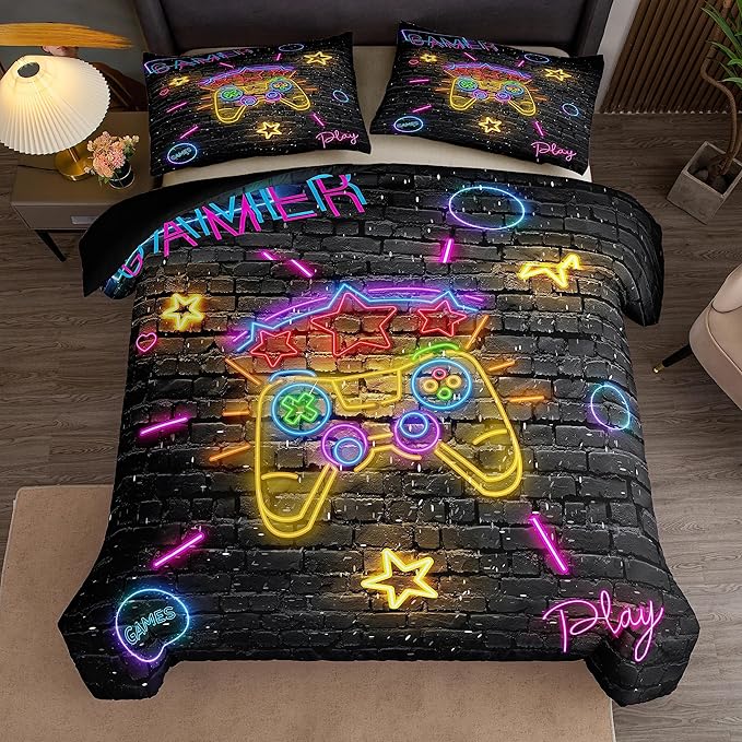 Boys Full Size Bedding Set, Gaming Comforter Sets for Boys, Gamer Bedding Sets for Boys Teens, Neon Kids Bedding Set, Gaming Room Decor for Boys Bedroom(1 Comforter +2 Pillowcases)