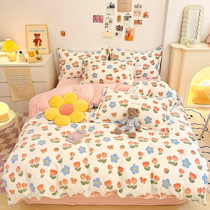 MorroMorn Pink Duvet Cover Queen, Pink Bed Set Tulips Floral Bedding Sets, Plush Fluffy Comforter Covers Set, Down Alternative Blanket Ultra Soft for Girls Kids Teen Women Full Double Size