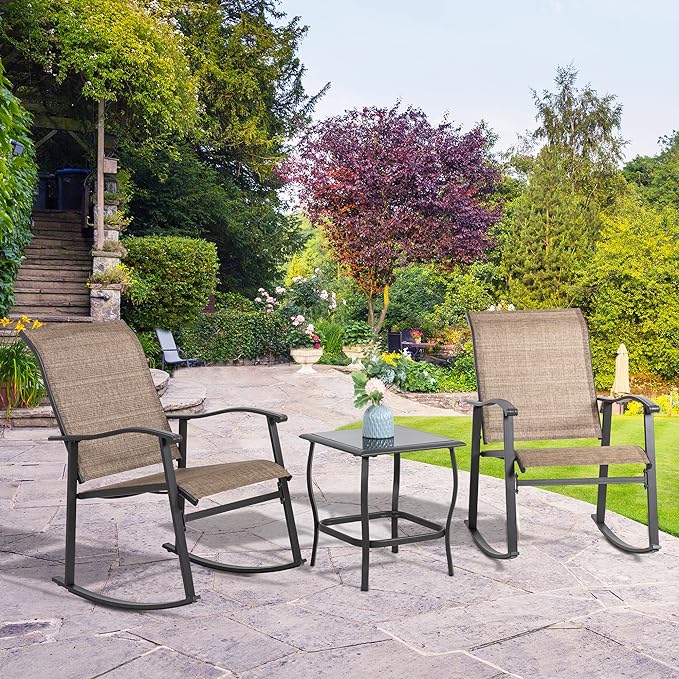 Shintenchi 3 Piece Rocking Bistro Set, Outdoor Furniture with Rocker Chairs and Glass coffee table set of 3, Balcony, Porch Furniture for Small Space, Brown