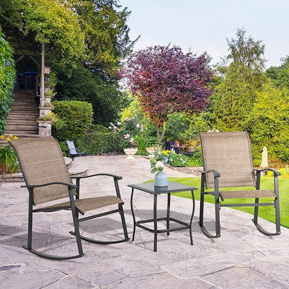 Shintenchi 3 Piece Rocking Bistro Set, Outdoor Furniture with Rocker Chairs and Glass coffee table set of 3, Balcony, Porch Furniture for Small Space, Brown