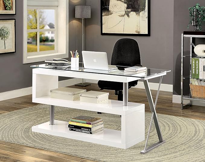 Furniture of America Lilliana Swivel Glass Top S-Shaped Writing Desk for Home Office, Studying Room, White