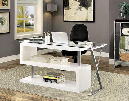 Furniture of America Lilliana Swivel Glass Top S-Shaped Writing Desk for Home Office, Studying Room, White