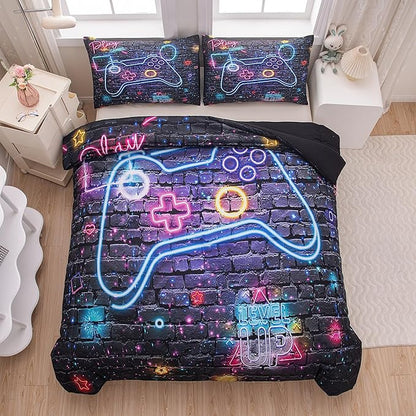 NINENINE Gamer Bedding Sets for Boys 5PCS Full Size Gaming Comforter Bed in A Bag Gamer Contoller Video Kids Teens Gamer Comforter Sets (1Comforter, 1Flat Sheet, 1Fitted Sheet, 2Pillowcases)