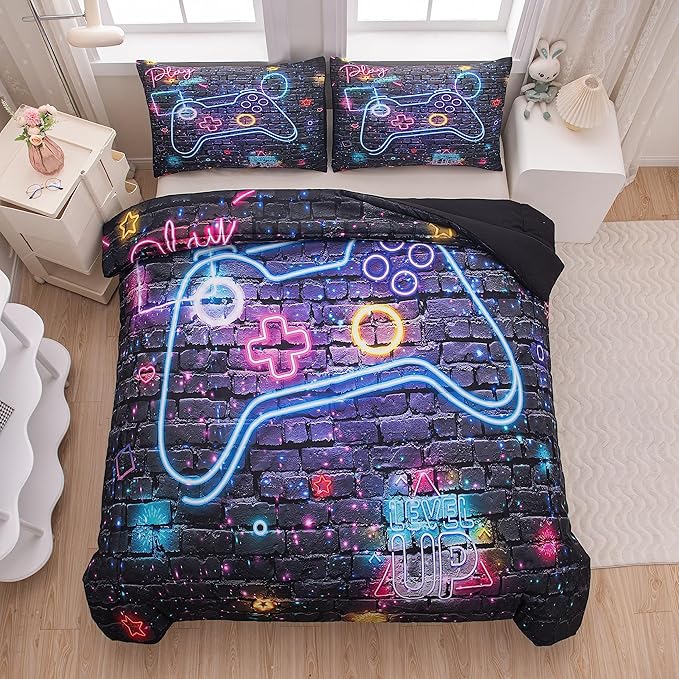 NINENINE 5PCS Gamer Bedding Sets,Twin Size Bedding Set for Boys,Twin Comforter Sets for Boys,Boys Twin Bedding Sets(1Comforter, 1Flat Sheet, 1Fitted Sheet, 2Pillowcases)