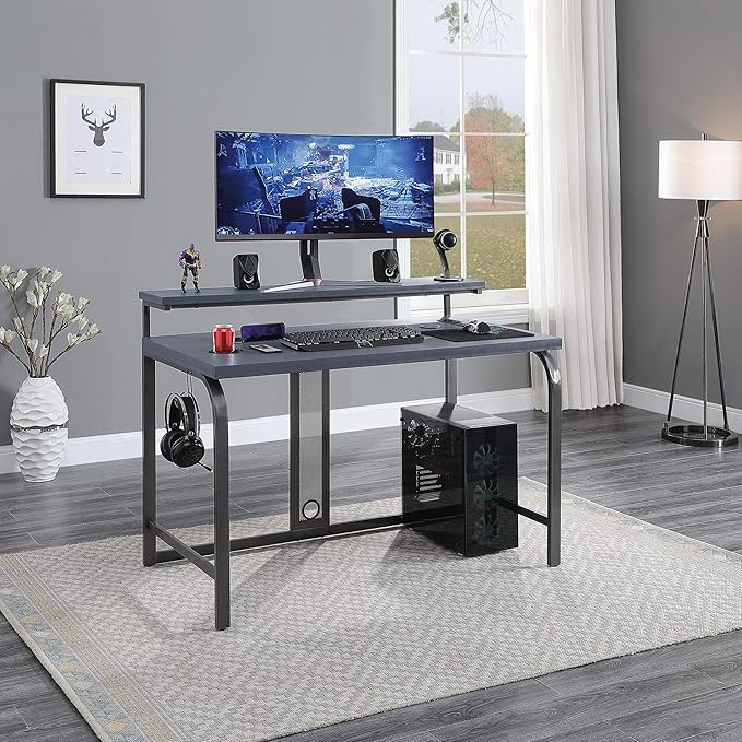 OSP Home Furnishings Reload Gaming Desk with Wireless Charging, USB Power Hub, and Remote Controlled RGB LED Lights, Matte Grey Carbon Fiber