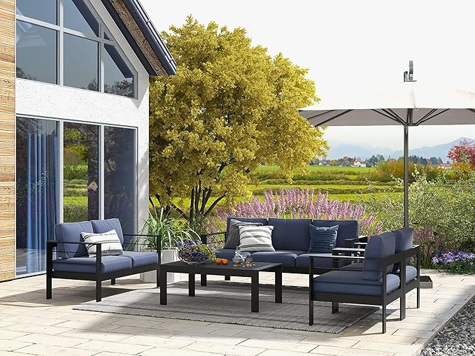 Solaste Aluminum Patio Furniture Set,5 Pieces Modern Outdoor Conversation Set Sectional Sofa with Upgrade Cushion and Coffee Table,Black Frame and Blue Cushion