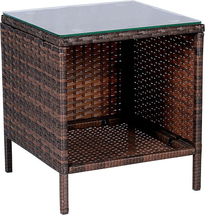 BTEXPERT Outdoor Wicker Conversation 3 Piece Bistro Garden Patio Yard Porch Furniture Space Saving Pe Rattan Two Chairs Cushions Side Storage Glass Table Brown/Beige 3pc Set, OneSize