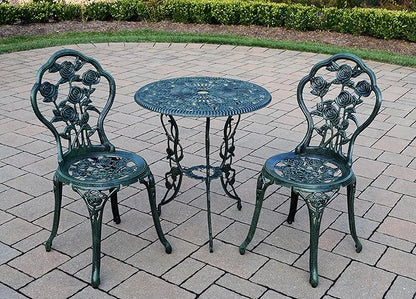 Oakland Living Cast Aluminum Conversation Metal Antique 3 Piece Patio Rose Bistro Set, Verdi Green