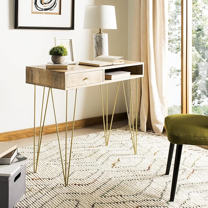 Safavieh Home Office Marigold Modern Natural and Brass 1-drawer Hairpin Leg Desk