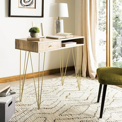 Safavieh Home Office Marigold Modern Natural and Brass 1-drawer Hairpin Leg Desk
