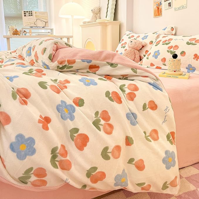 MorroMorn Pink Duvet Cover Queen, Pink Bed Set Tulips Floral Bedding Sets, Plush Fluffy Comforter Covers Set, Down Alternative Blanket Ultra Soft for Girls Kids Teen Women Full Double Size