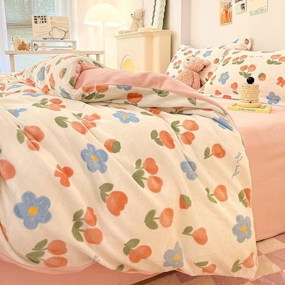 MorroMorn Pink Duvet Cover Queen, Pink Bed Set Tulips Floral Bedding Sets, Plush Fluffy Comforter Covers Set, Down Alternative Blanket Ultra Soft for Girls Kids Teen Women Full Double Size