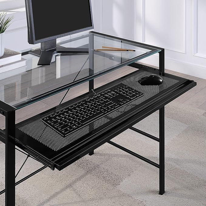 OSP Home Furnishings Zephyr Computer Desk with Keyboard Shelf and Tempered Glass Top, Clear Glass and Black Frame, 36" W x 20" D x 30.25" H
