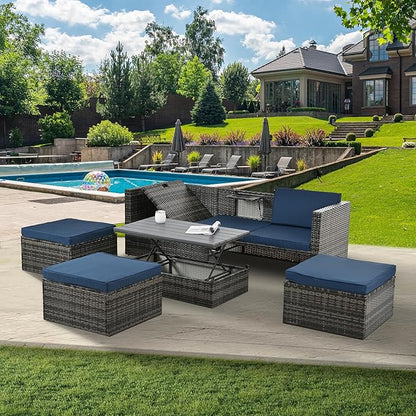 Modular Rattan Outdoor Sectional Furniture, Wicker Conversation Patio Sets with Plywood Coffee Table and Lounger Sofa for Backyard, Db-Navy Blue