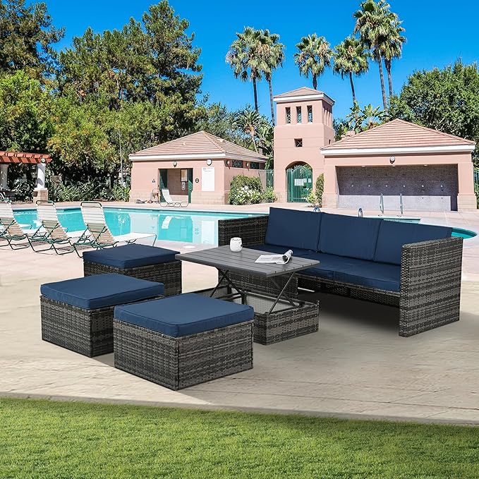Modular Rattan Outdoor Sectional Furniture, Wicker Conversation Patio Sets with Plywood Coffee Table and Lounger Sofa for Backyard, Db-Navy Blue