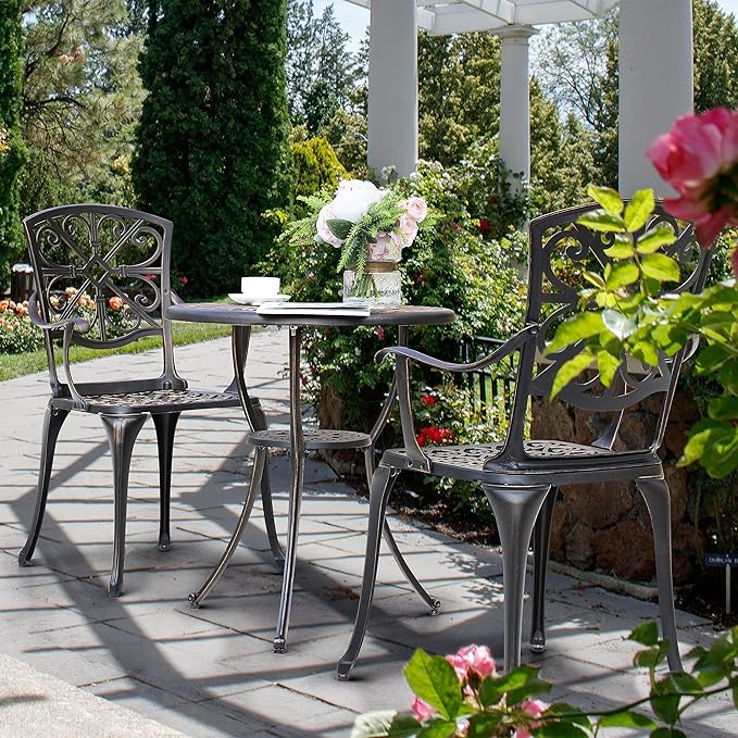 NUU GARDEN Bistro Set 3 Piece Outdoor All Weather Cast Aluminum Patio Bistro Set Patio Table and Chairs Set of 2 with Umbrella Hole for Backyard, Balcony, Front Porch, Lawn, Pool, Bronzer