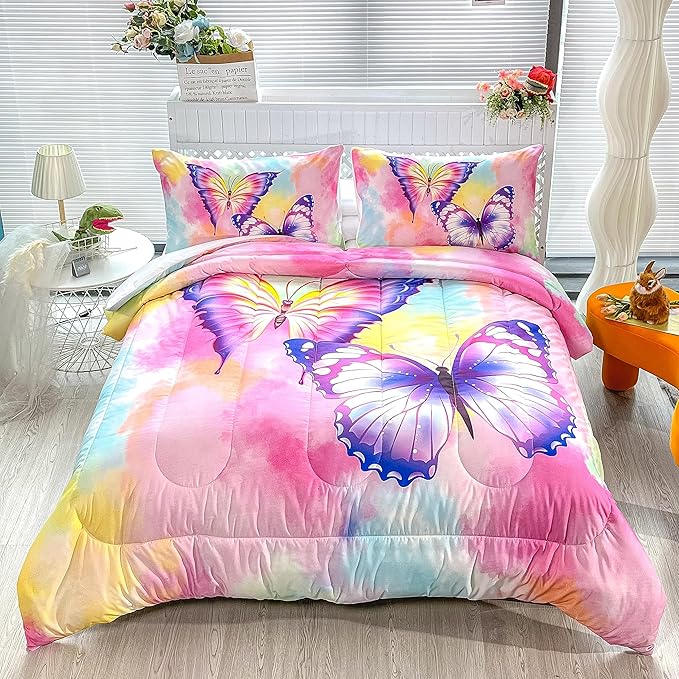 CVHOUSE Butterfly Bedding Set,Butterfly Comforter Twin,Butterfly Comforter Set for Girls Kids Teens,Butterflies Quilt Set with 1 Comforter and 2 Pillow Cases