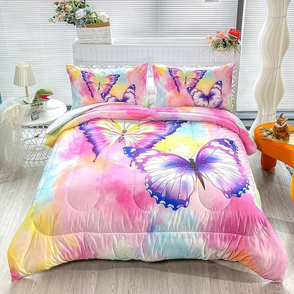 CVHOUSE Butterfly Bedding Set,Butterfly Comforter Twin,Butterfly Comforter Set for Girls Kids Teens,Butterflies Quilt Set with 1 Comforter and 2 Pillow Cases