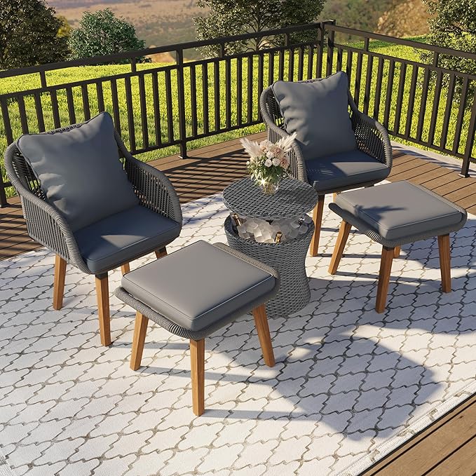 5-Pieces Outdoor Furniture Bistro Set with Wicker Cool Bar Table, Rope Weaving Patio Chairs and Ottomans for Porch Backyard Balcony Poolside, Onesize, Grey