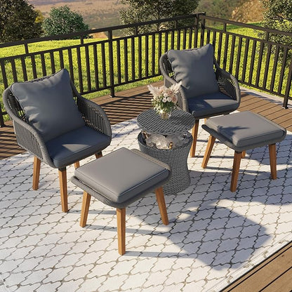 5-Pieces Outdoor Furniture Bistro Set with Wicker Cool Bar Table, Rope Weaving Patio Chairs and Ottomans for Porch Backyard Balcony Poolside, Onesize, Grey