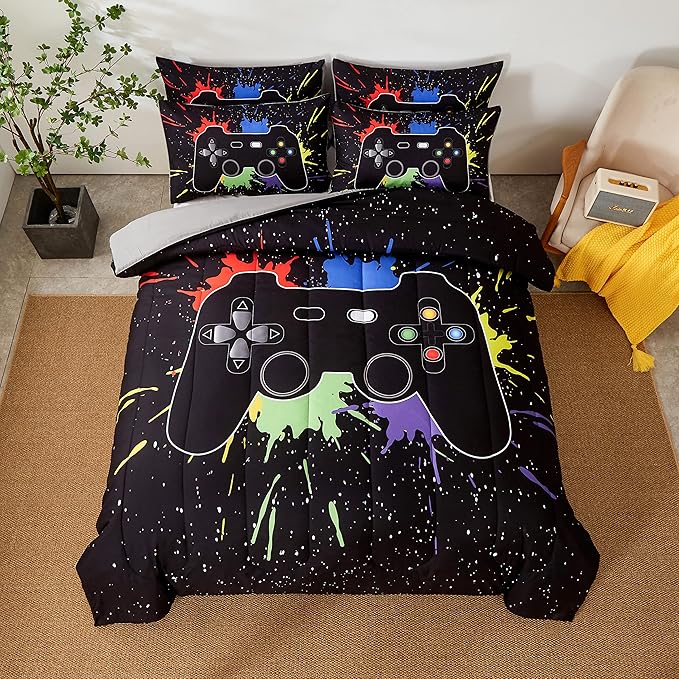 Gamer Comforter Sets Full Size for Boys Teen,Game Controller Colorful Comforter with 2 Pillowcases,Soft Microfiber Video Gaming 3 Piece Bedding Set for Game Lovers,All Season(Black,Full)