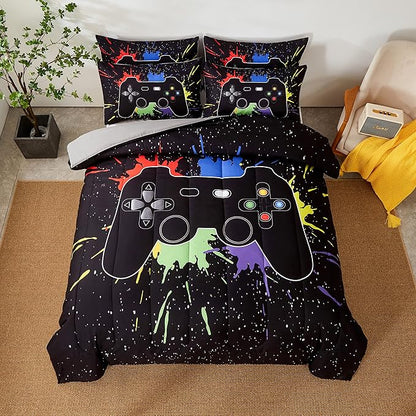 Gamer Comforter Sets Full Size for Boys Teen,Game Controller Colorful Comforter with 2 Pillowcases,Soft Microfiber Video Gaming 3 Piece Bedding Set for Game Lovers,All Season(Black,Full)