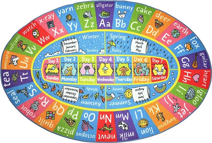KC Cubs ABC Alphabet, Seasons, Months and Days of The Week Educational Learning & Fun Game Play Area Non Slip Boy & Girl Kids Rug Carpet for Children Bedroom, Toddler Classroom & Baby Playroom Mat