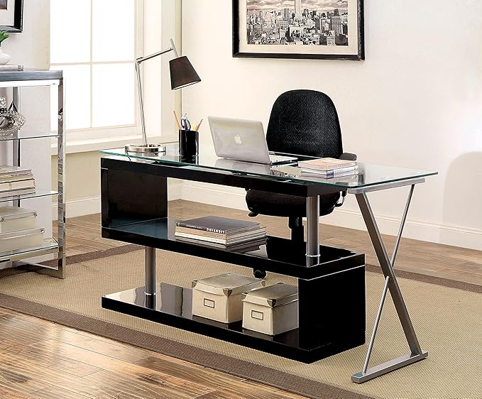 Furniture of America Lilliana S-Shaped Glass-Top Office Desk, Black
