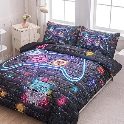 NINENINE 5PCS Gamer Bedding Sets,Twin Size Bedding Set for Boys,Twin Comforter Sets for Boys,Boys Twin Bedding Sets(1Comforter, 1Flat Sheet, 1Fitted Sheet, 2Pillowcases)